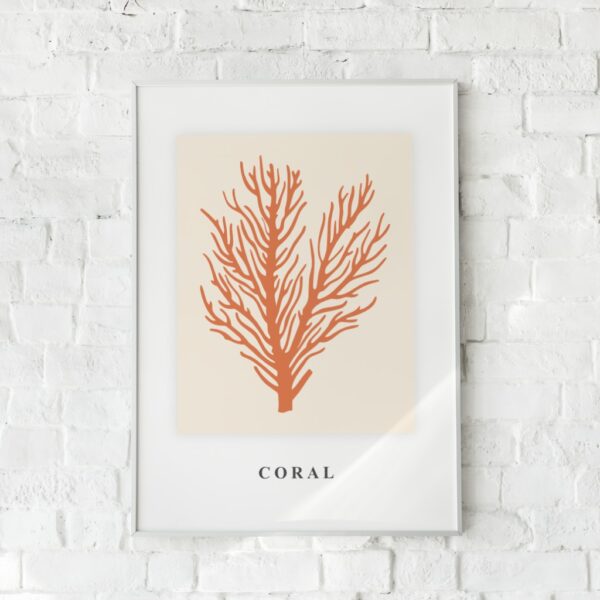 Plakat med stiliseret koralmotiv i rød på lys baggrund – "Coral".