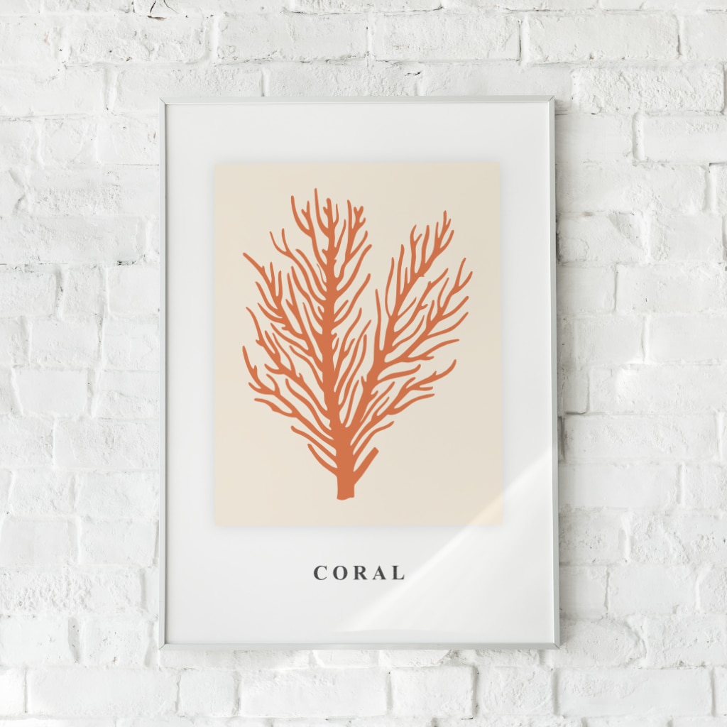 Plakat med stiliseret koralmotiv i rød på lys baggrund – "Coral".