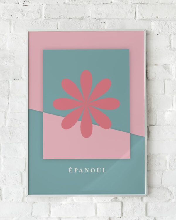 Plakat med en blomst i sarte pink og turkise nuancer