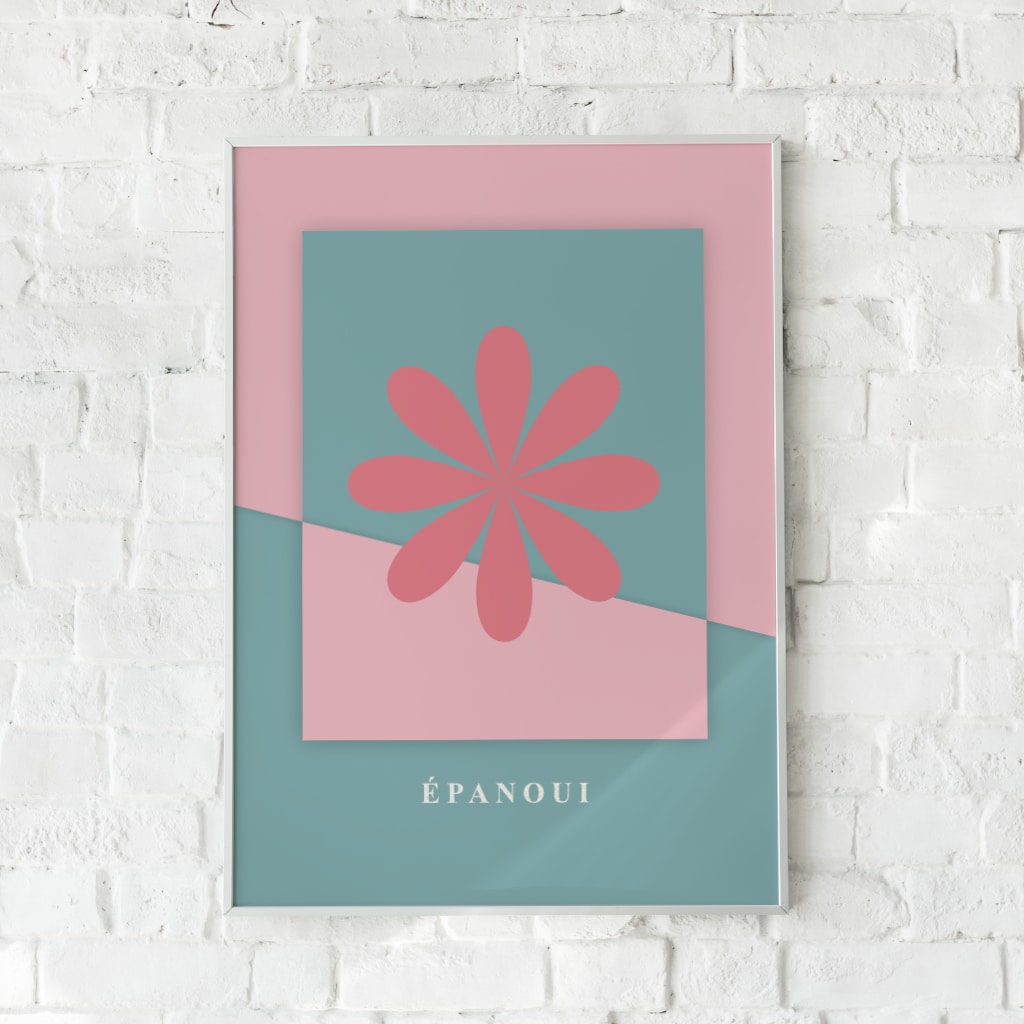 Plakat med en blomst i sarte pink og turkise nuancer