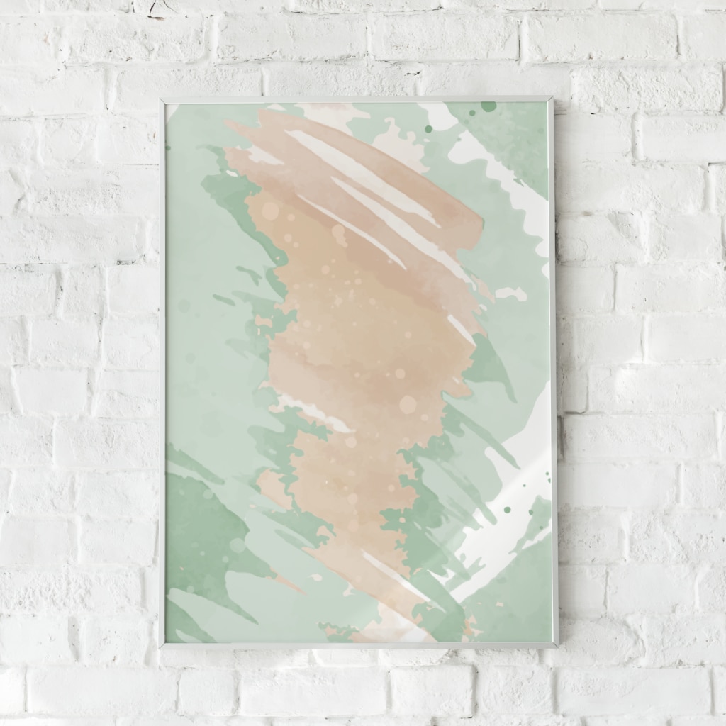 Abstrakt plakat med flydende penselstrøg i grønne og abrikosfarvede nuancer.