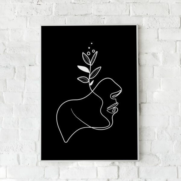Kunstplakat med en hvid stregtegning af et menneske med en plante i hovedet på en sort baggrund.