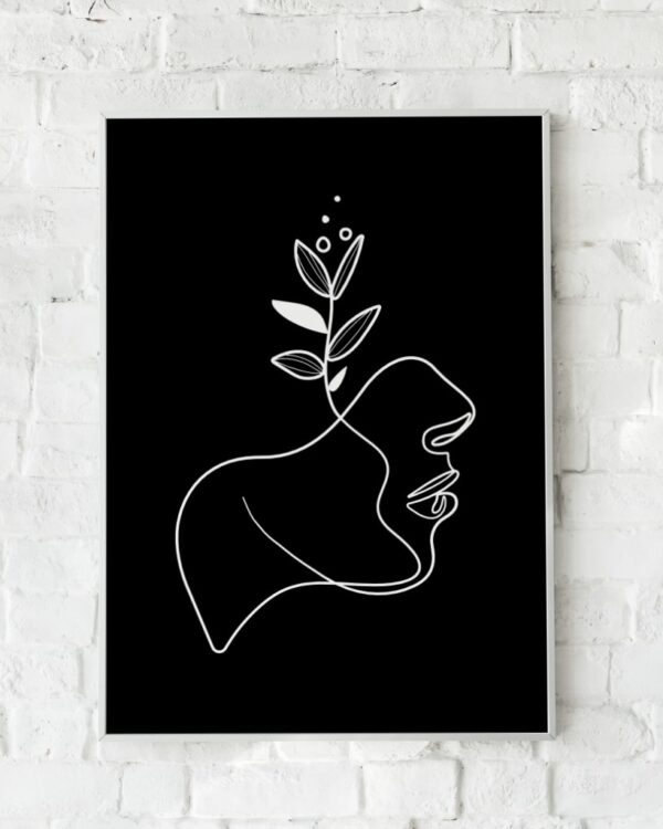 Kunstplakat med en hvid stregtegning af et menneske med en plante i hovedet på en sort baggrund.