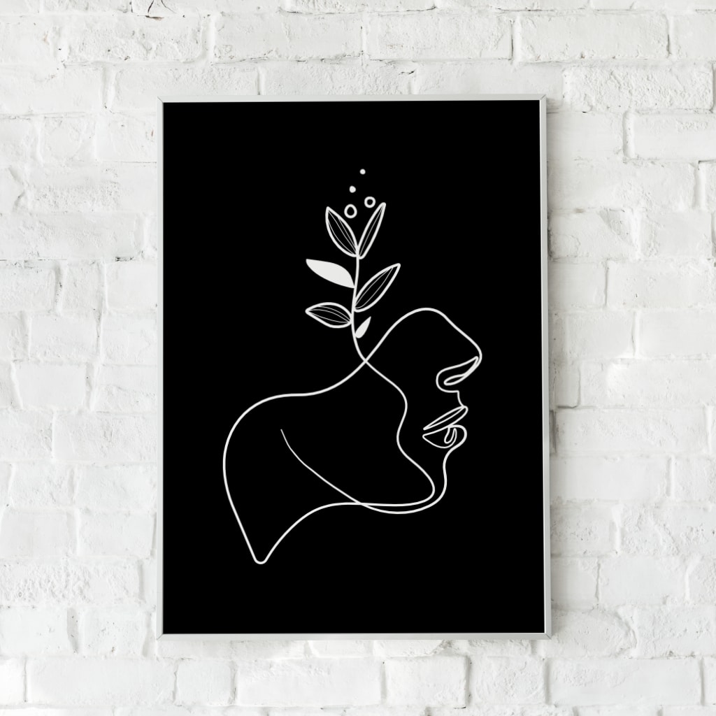 Kunstplakat med en hvid stregtegning af et menneske med en plante i hovedet på en sort baggrund.