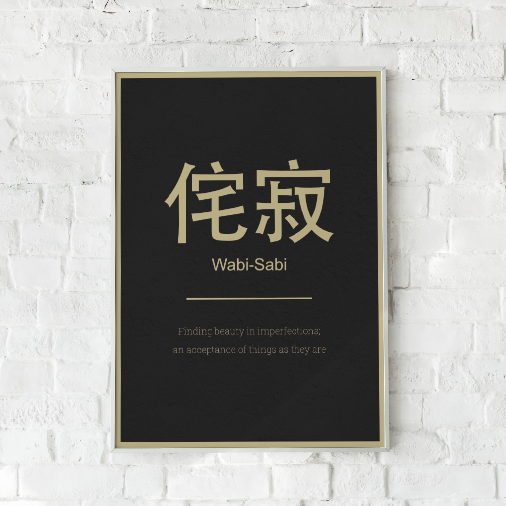 Minimalistisk plakat med japanske kanji-tegn og gylden skrift.