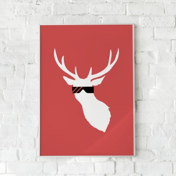 Minimalistisk plakat med hvid hjort i solbriller på rød baggrund – "Cool Deer".