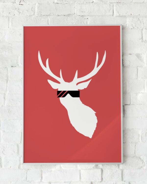 Minimalistisk plakat med hvid hjort i solbriller på rød baggrund – "Cool Deer".