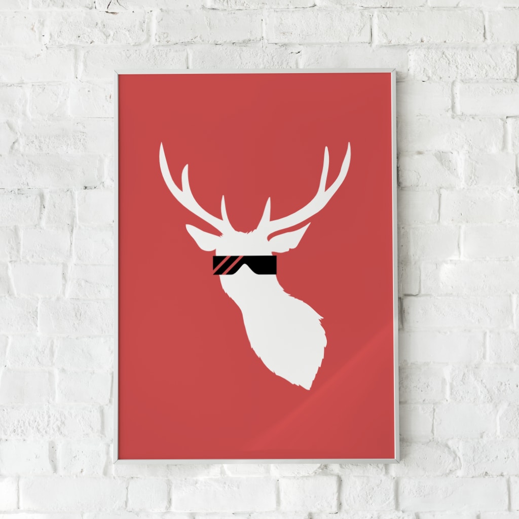Minimalistisk plakat med hvid hjort i solbriller på rød baggrund – "Cool Deer".