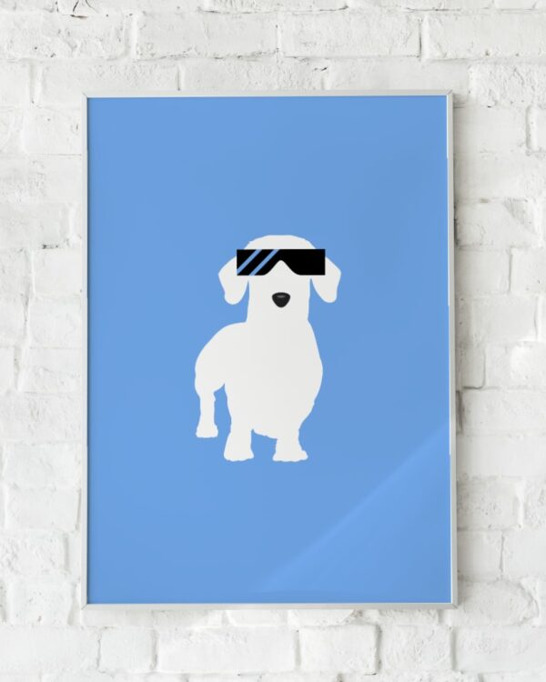 Plakat med hvid hund i solbriller på blå baggrund – "Cool Dog".