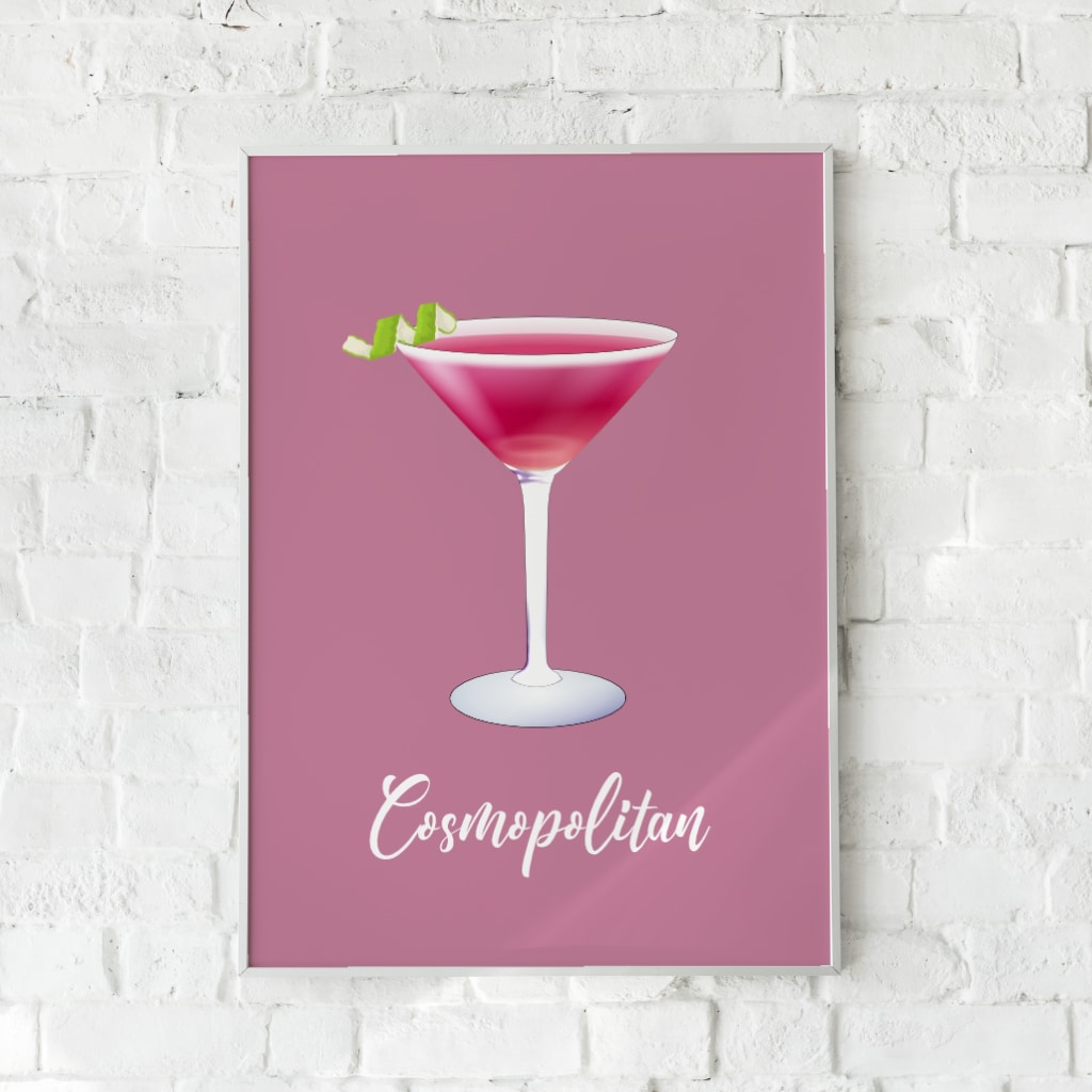 Plakat med illustration af en Cosmopolitan cocktail i pink nuancer med limegarnish.