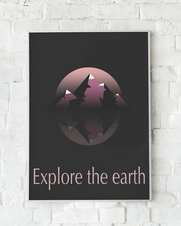 Plakat med en bjergscene og spejling i vand