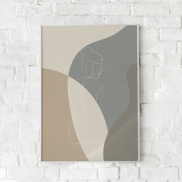 Plakat med en stiliseret kvindesilhuet i neutrale farvetoner. En elegant og minimalistisk vægdekoration med et feminint udtryk.