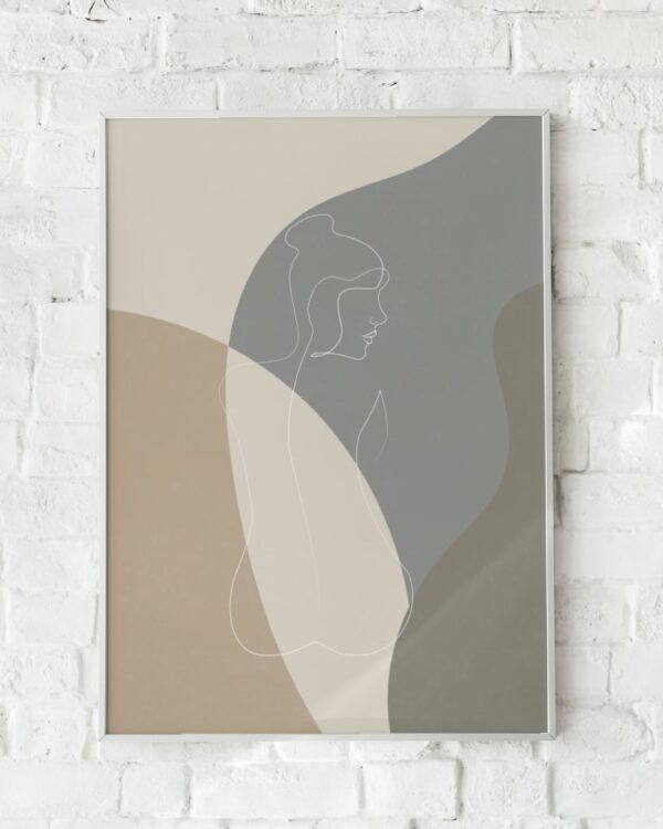 Plakat med en stiliseret kvindesilhuet i neutrale farvetoner. En elegant og minimalistisk vægdekoration med et feminint udtryk.