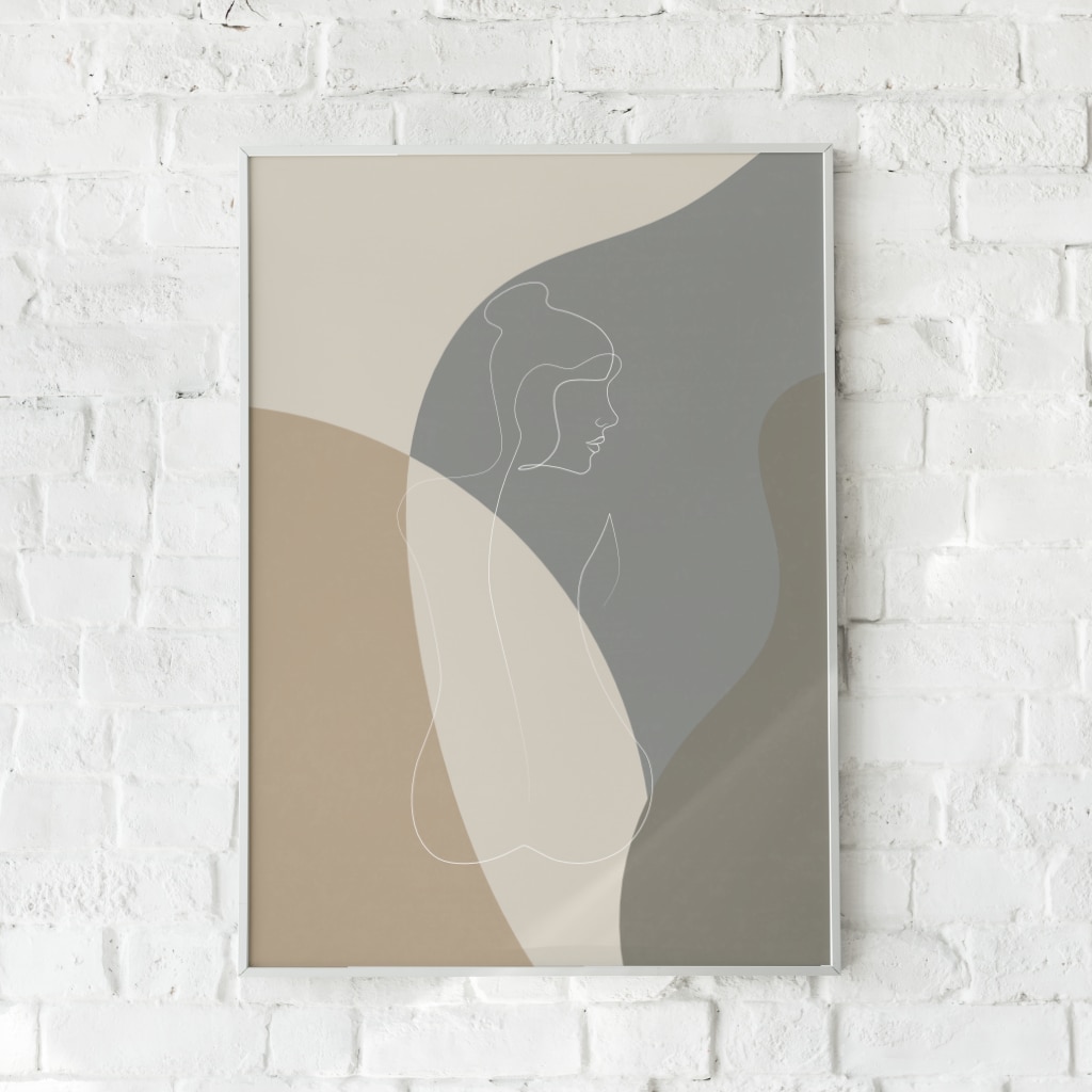 Plakat med en stiliseret kvindesilhuet i neutrale farvetoner. En elegant og minimalistisk vægdekoration med et feminint udtryk.