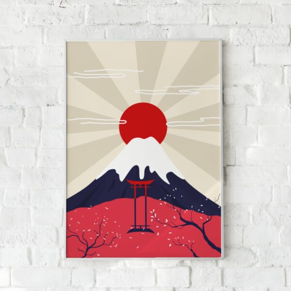 Minimalistisk plakat af Mount Fuji med en stor rød sol og en traditionel torii-port i forgrunden.