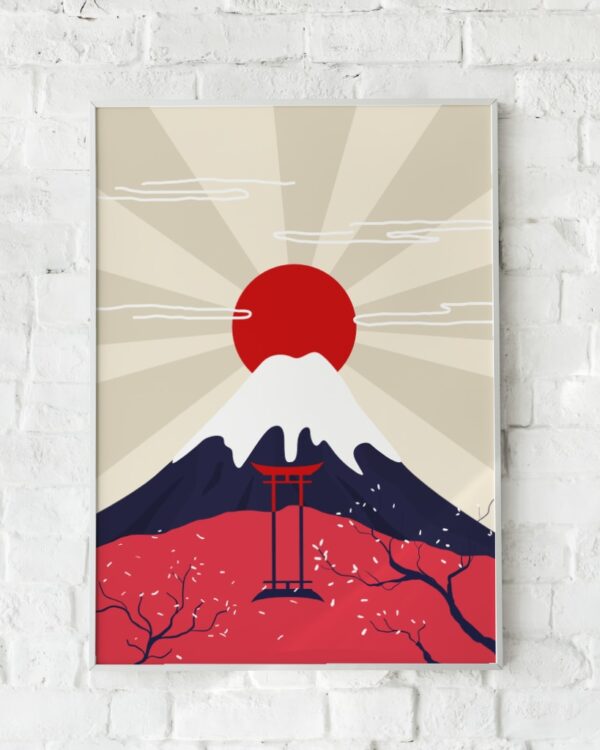 Minimalistisk plakat af Mount Fuji med en stor rød sol og en traditionel torii-port i forgrunden.
