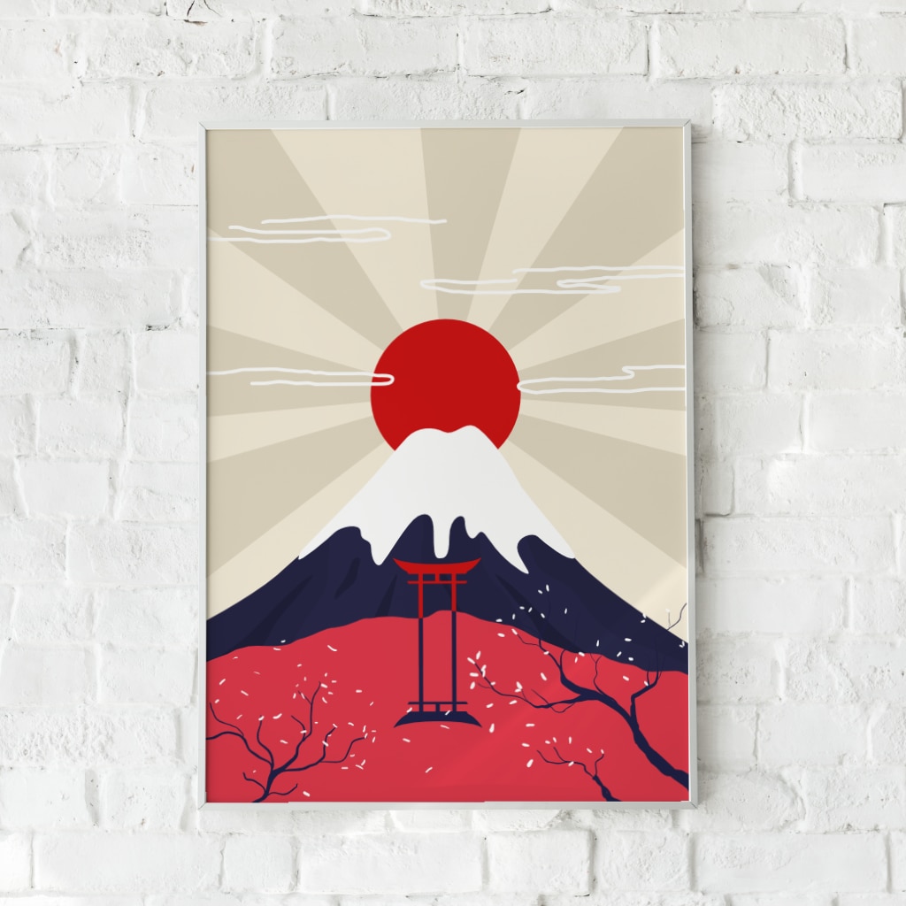 Minimalistisk plakat af Mount Fuji med en stor rød sol og en traditionel torii-port i forgrunden.