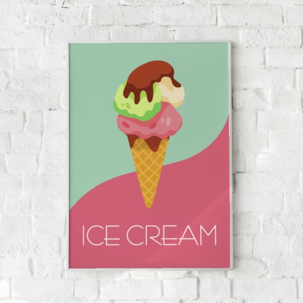 Farverig plakat af en smeltende is med chokoladesauce.