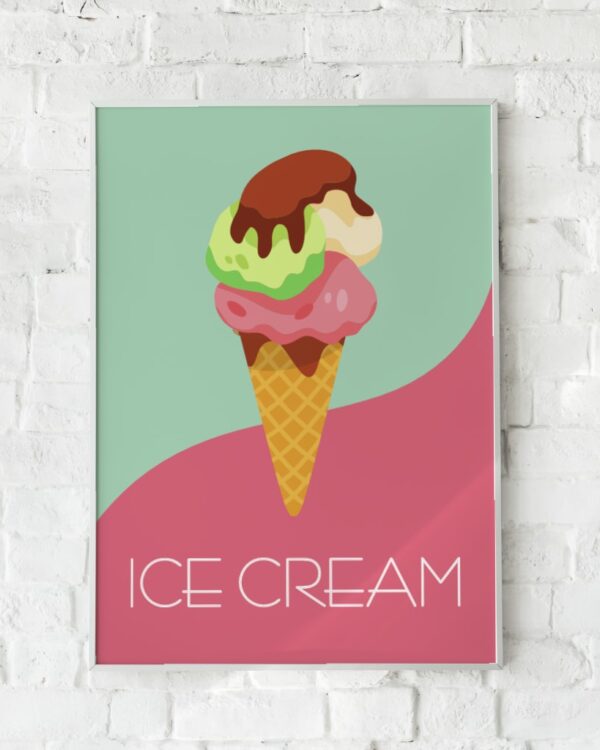 Farverig plakat af en smeltende is med chokoladesauce.