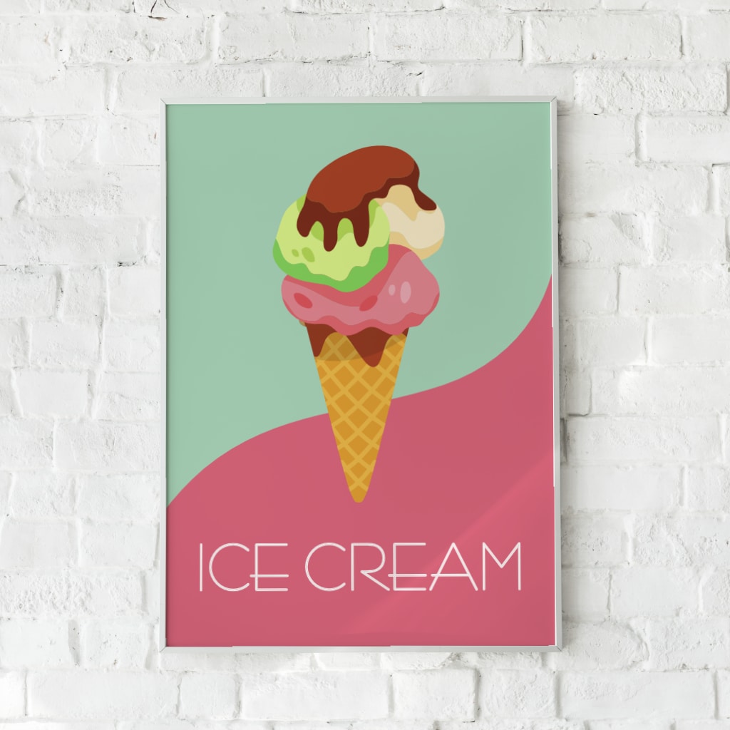 Farverig plakat af en smeltende is med chokoladesauce.