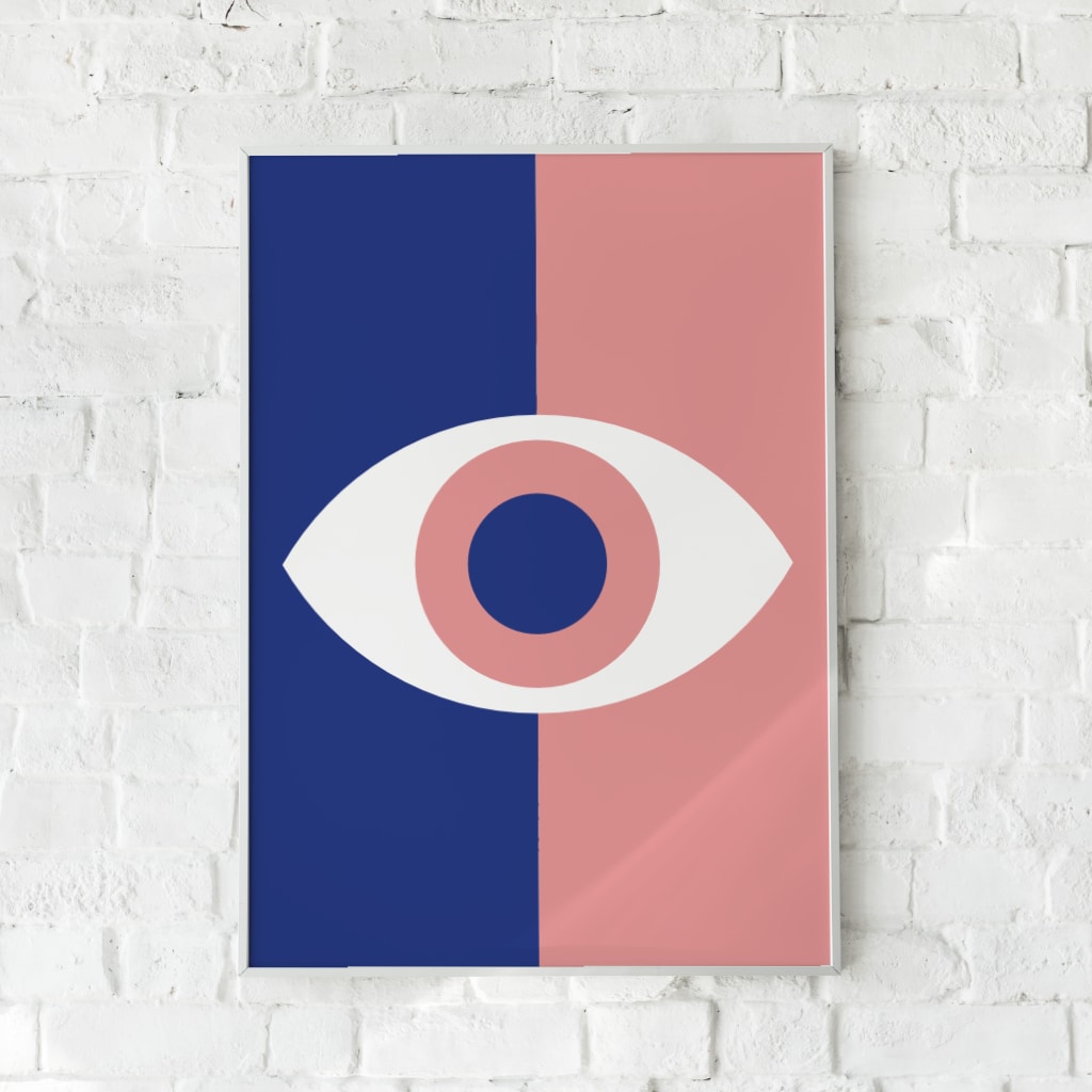 Plakat med stiliseret øje i marineblå og rosa nuancer.