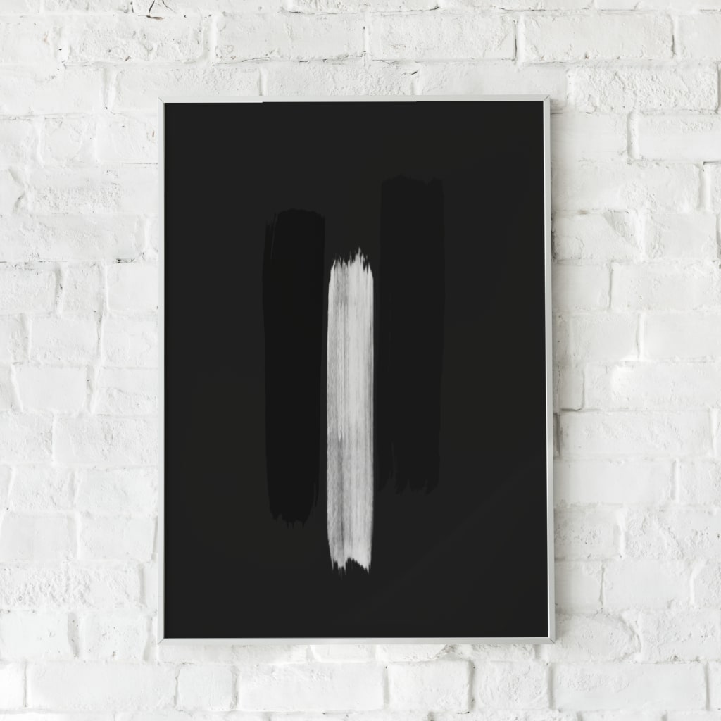 Sort-hvid plakat med et kraftigt penselstrøg på en minimalistisk baggrund.