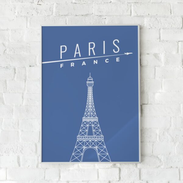 Minimalistisk plakat med en hvid linjetegning af Eiffeltårnet på en dyb blå baggrund. Hylder Paris’ ikoniske æstetik.