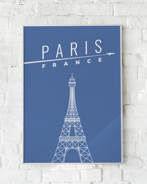 Minimalistisk plakat med en hvid linjetegning af Eiffeltårnet på en dyb blå baggrund. Hylder Paris’ ikoniske æstetik.