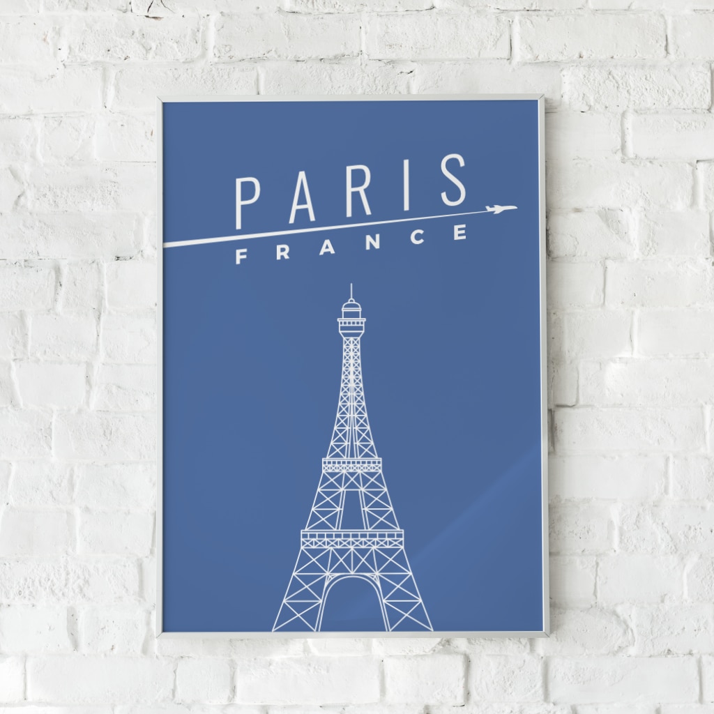 Minimalistisk plakat med en hvid linjetegning af Eiffeltårnet på en dyb blå baggrund. Hylder Paris’ ikoniske æstetik.