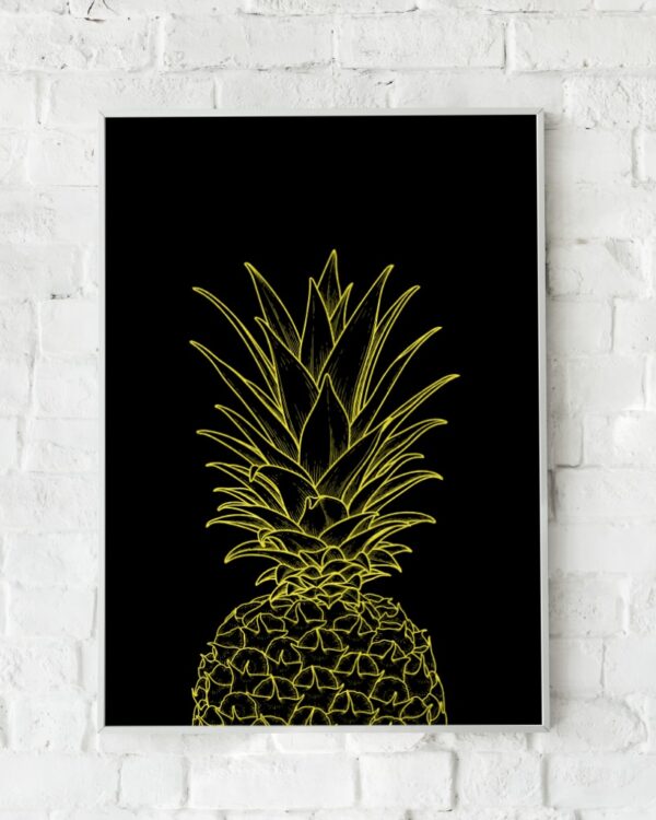 Neon-inspireret plakat med en stiliseret ananas i gule linjer på en sort baggrund. Perfekt til en tropisk og moderne indretning.