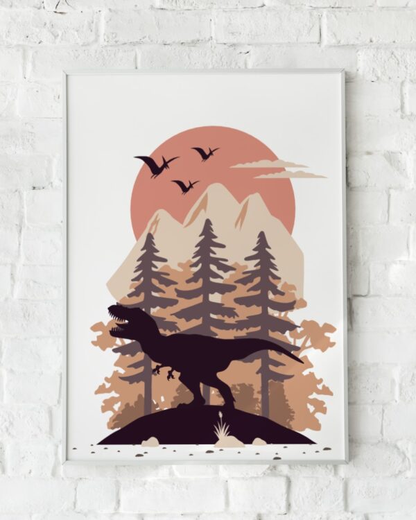 Silhuetplakat af en dinosaur mod en naturskøn baggrund.