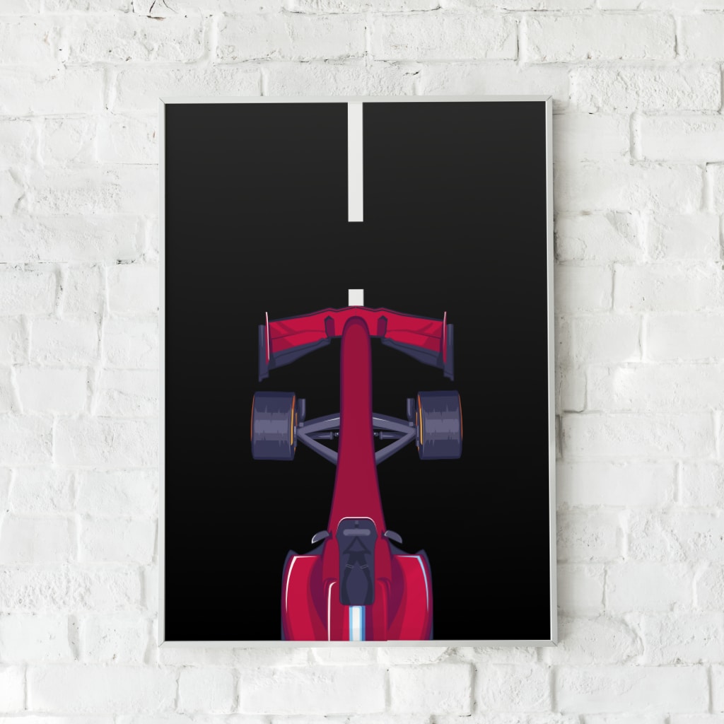 Formel 1-plakat med en frontvisning af en racerbil.
