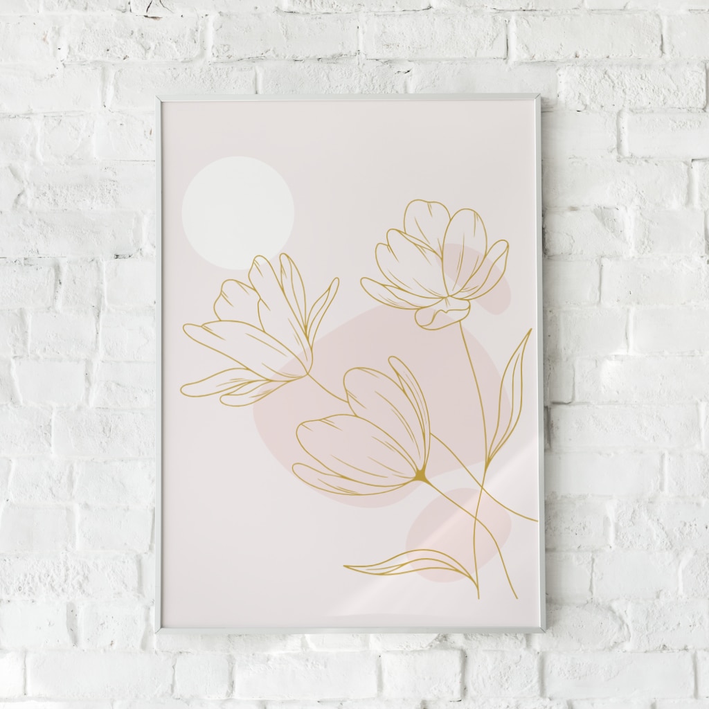 Plakat med guldlinjerede blomster på blid rosa baggrund – "Blossom".
