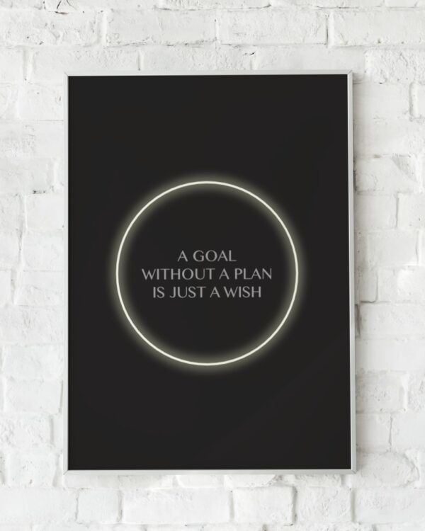 Minimalistisk plakat med en neoncirkel og citatet "A GOAL WITHOUT A PLAN IS JUST A WISH".