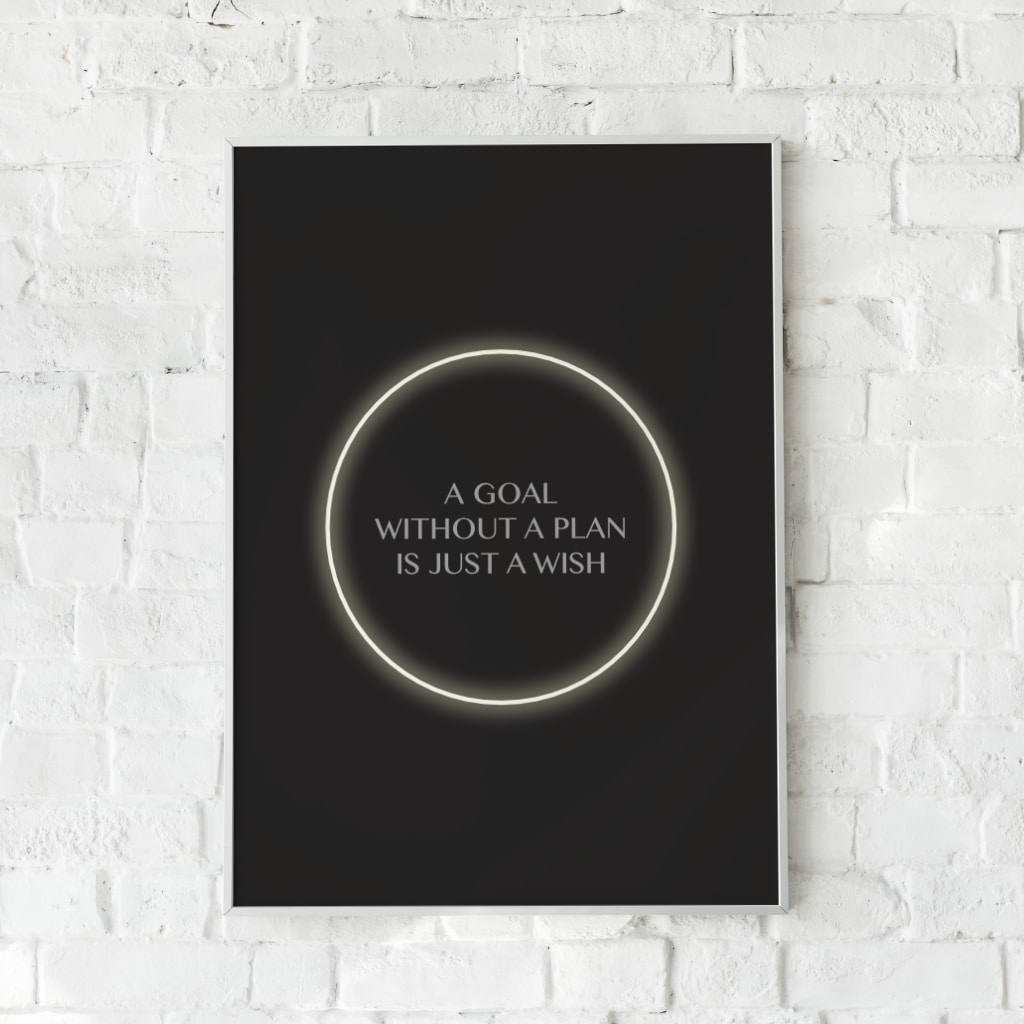 Minimalistisk plakat med en neoncirkel og citatet "A GOAL WITHOUT A PLAN IS JUST A WISH".