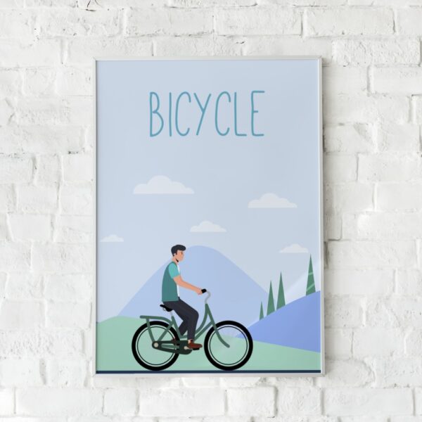 Plakat med en cyklist i et bjergrigt landskab – "Bicycle".