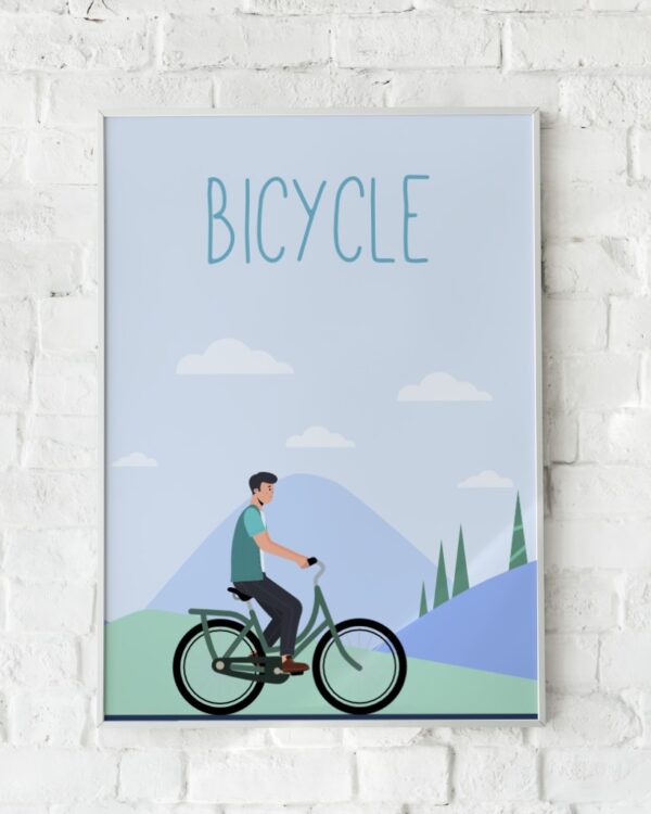 Plakat med en cyklist i et bjergrigt landskab – "Bicycle".