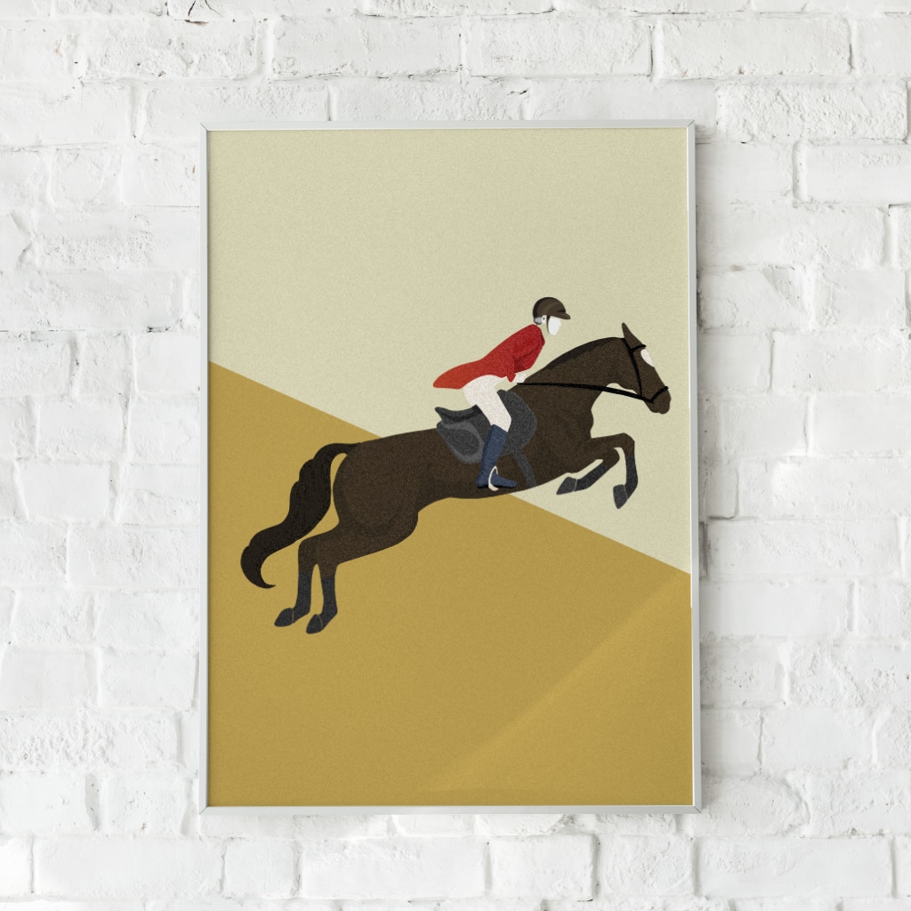 Dynamisk plakat med en galopperende hest og rytter – "Cheval".
