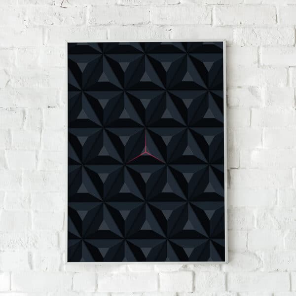 Geometrisk plakat med polygonmønster og lysstråle – "Coming Through".