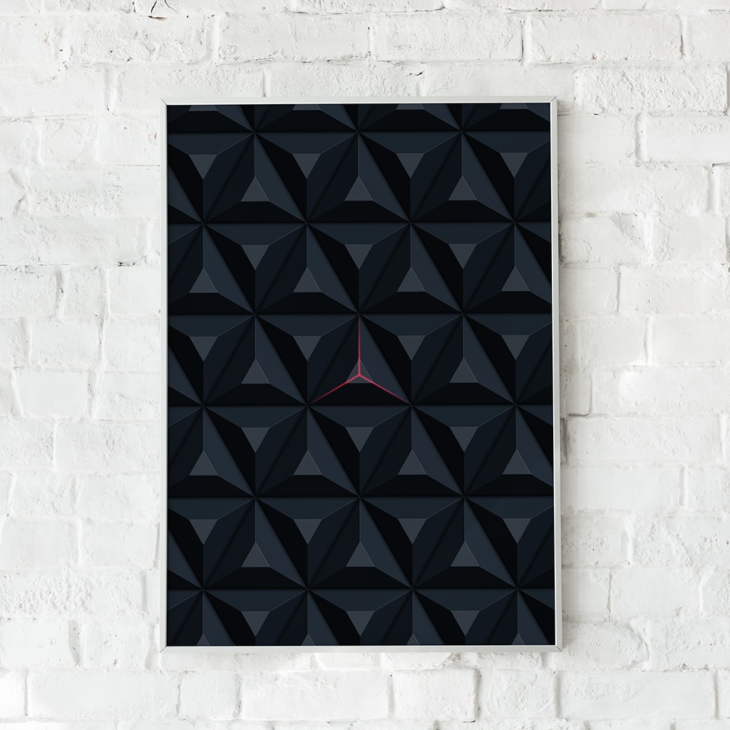 Geometrisk plakat med polygonmønster og lysstråle – "Coming Through".