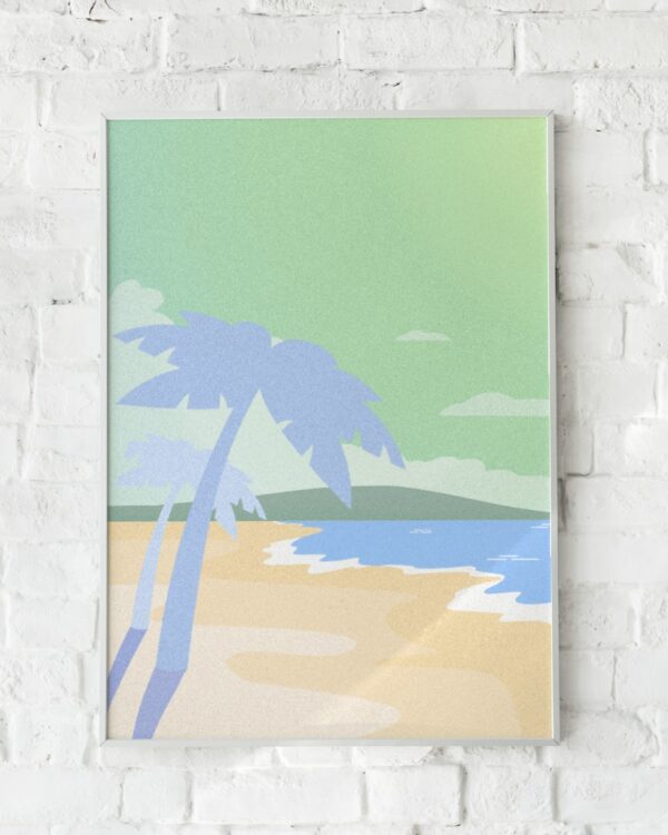 Grafisk plakat med en stiliseret strandscene