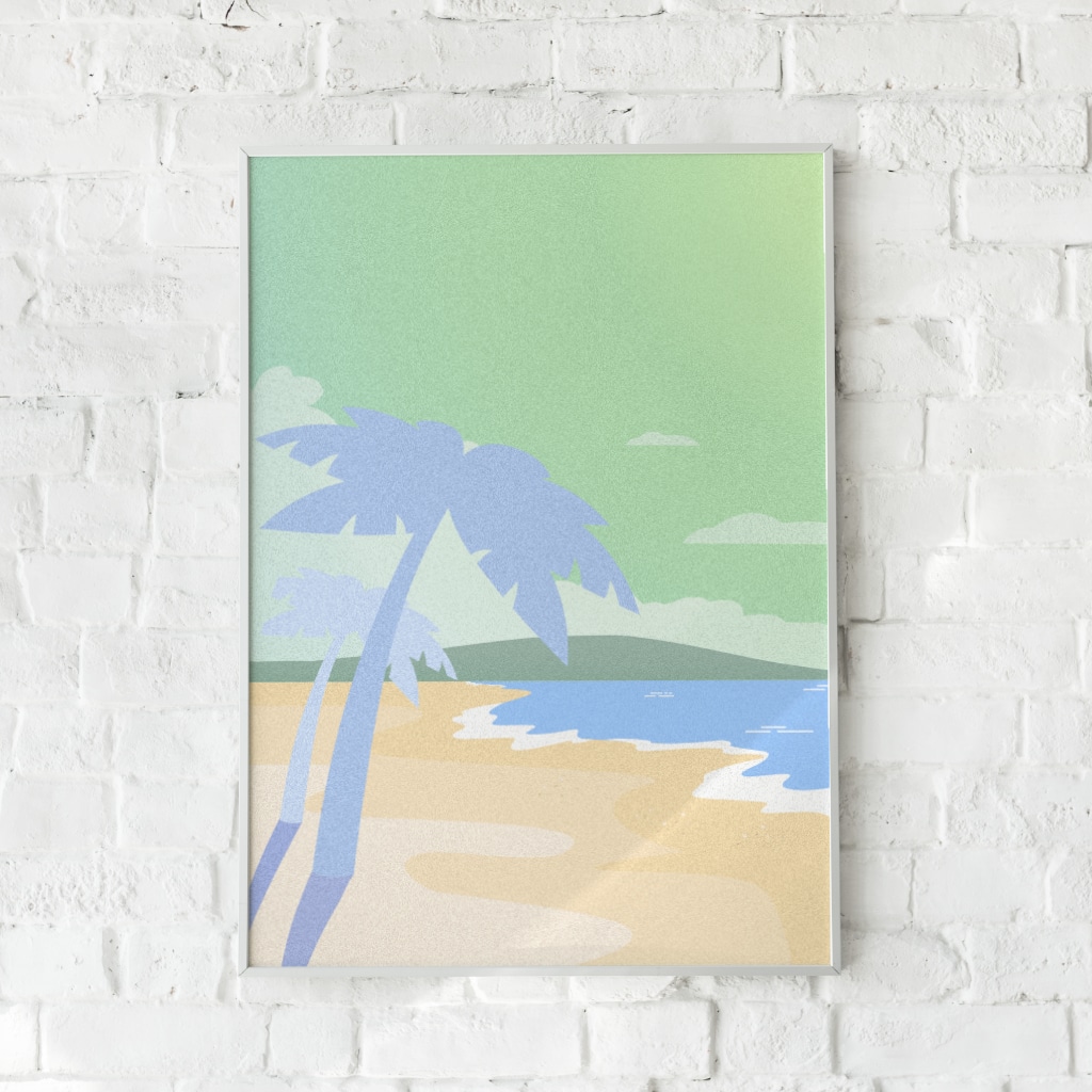 Grafisk plakat med en stiliseret strandscene