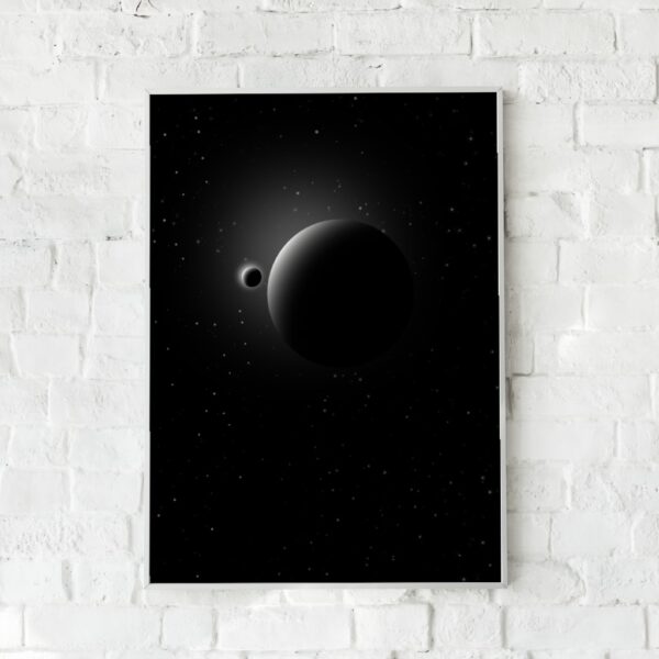 Sort-hvid plakat med en dramatisk solformørkelse omgivet af en stjernehimmel. En minimalistisk og stemningsfuld vægdekoration.