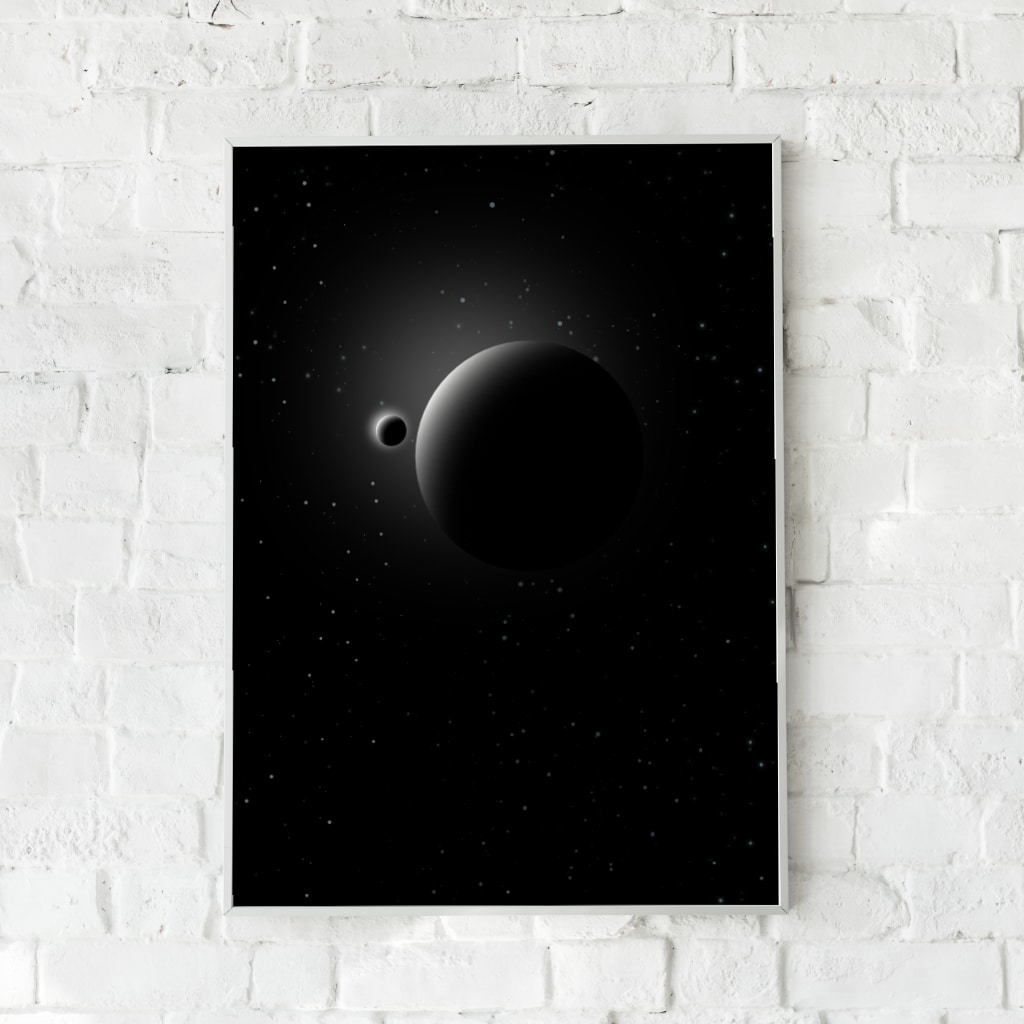 Sort-hvid plakat med en dramatisk solformørkelse omgivet af en stjernehimmel. En minimalistisk og stemningsfuld vægdekoration.