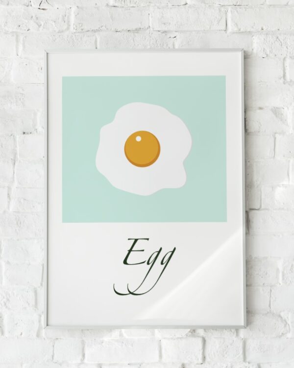 Minimalistisk plakat med et spejlæg på en pastelblå baggrund. En legende og enkel vægdekoration til køkkenet.