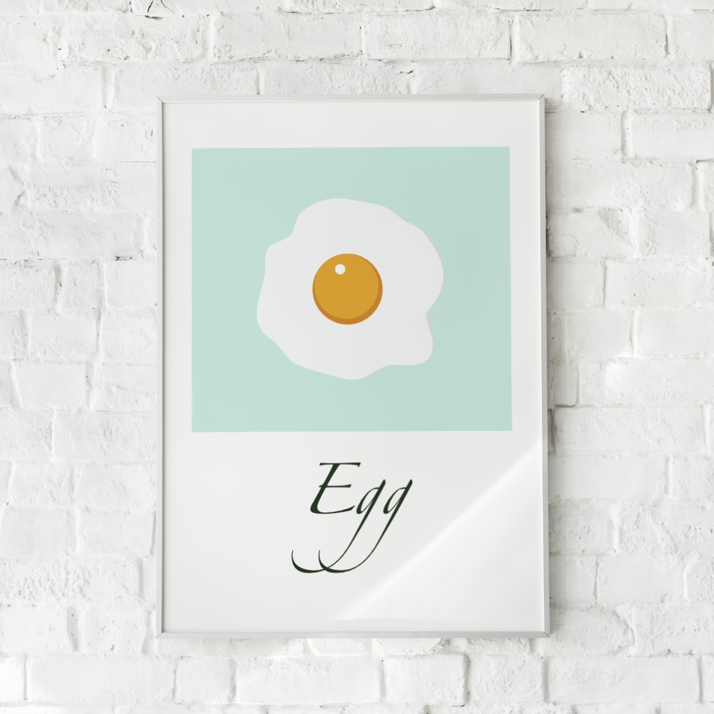 Minimalistisk plakat med et spejlæg på en pastelblå baggrund. En legende og enkel vægdekoration til køkkenet.