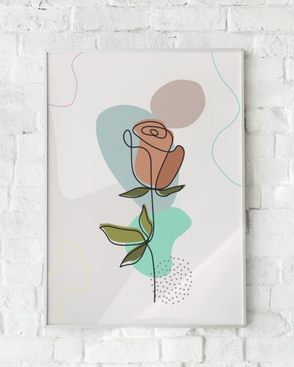 Moderne plakat med en stiliseret rose i varme nuancer på en abstrakt baggrund. Perfekt til at tilføje et strejf af natur til hjemmet.