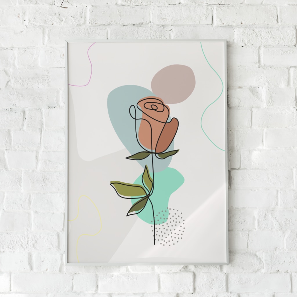 Moderne plakat med en stiliseret rose i varme nuancer på en abstrakt baggrund. Perfekt til at tilføje et strejf af natur til hjemmet.