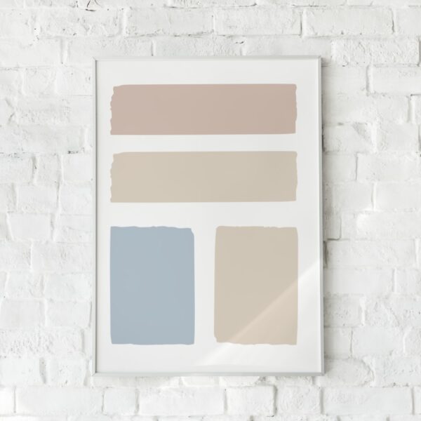 Minimalistisk plakat med abstrakte blokke i rosa