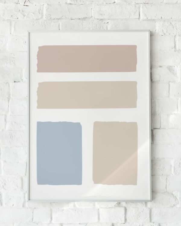 Minimalistisk plakat med abstrakte blokke i rosa